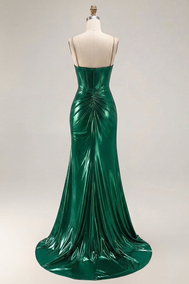 Load image into Gallery viewer, Sparkly Golden Metallic Mermaid Long Corset Prom Dress with Slit