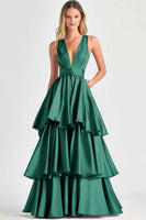 Load image into Gallery viewer, Fuchsia V-Neck Tiered Tiered Satin Long Formal Dress