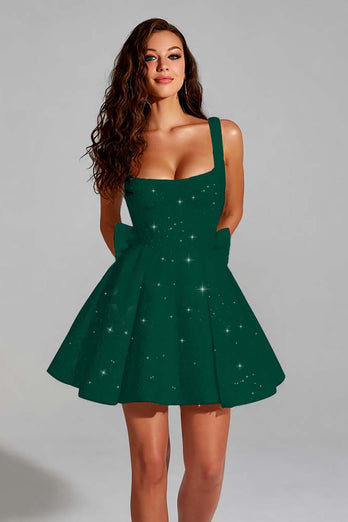 Sparkly White Square Neck Short A Line Prom Dress with Bow