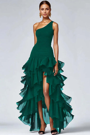 Black Organza One Shoulder High Low Formal Dress with Ruffles