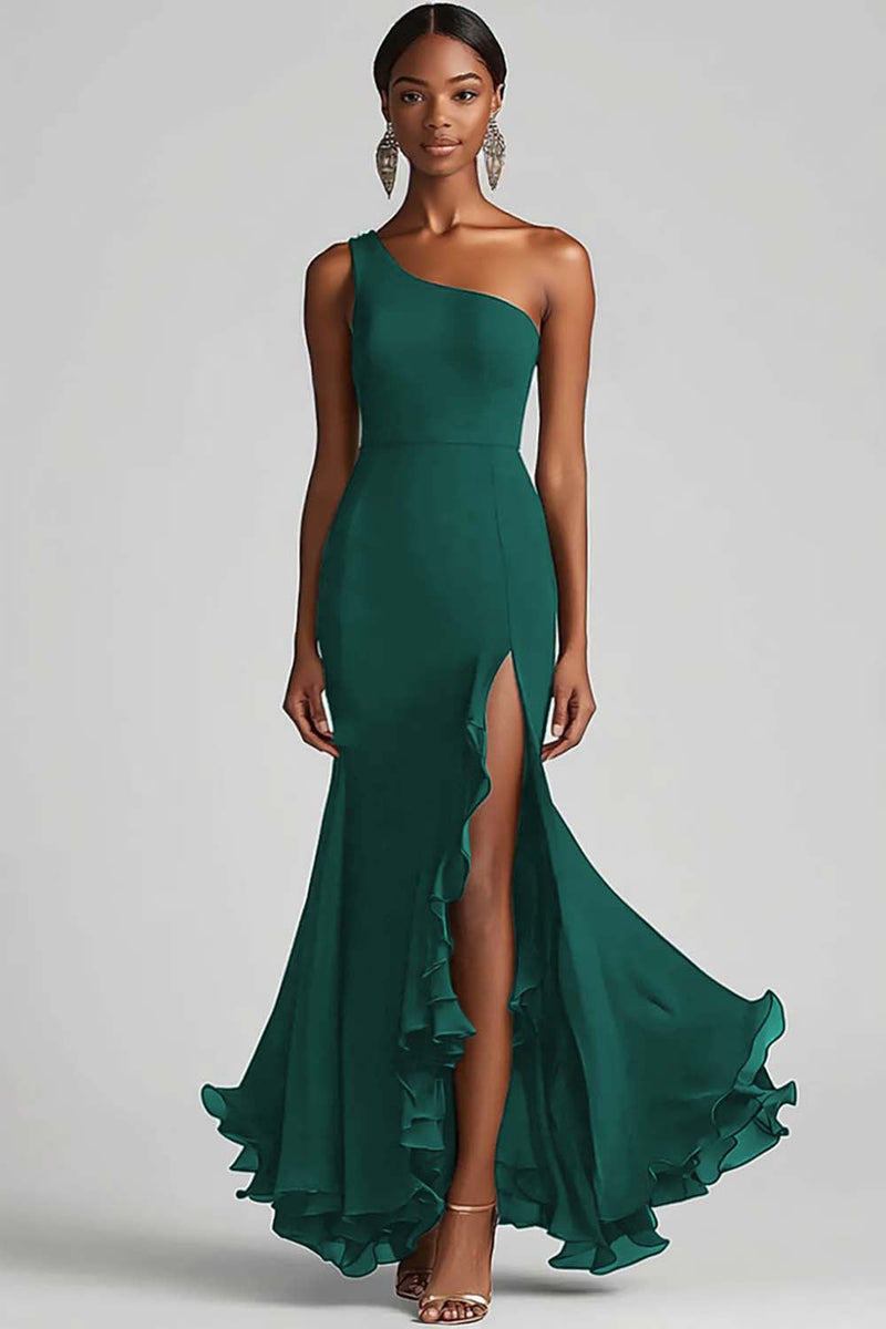 Load image into Gallery viewer, Ink Blue Mermaid Ruffled Chiffon Long Formal Dress with Slit