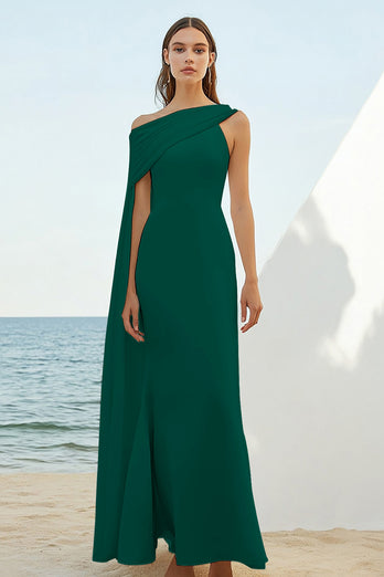White Chiffon Sheath Long Engagement Dress with Cape