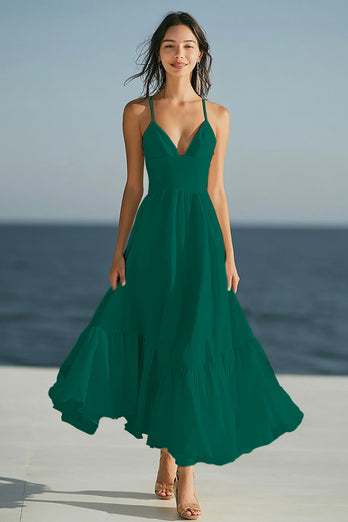 Simple Ivory Spaghetti Straps Ruffled Beach Maxi Engagement Dress