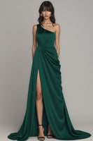 Load image into Gallery viewer, Black One Shoulder A Line Satin Maxi Formal Dress with Slit
