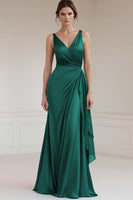 Load image into Gallery viewer, Grey Blue Sheath V-Neck Ruched Maxi Satin Formal Dress