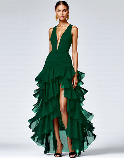 A Line Royal Blue Sleeveless V-Neck Tiered Maxi Formal Dress with Slit