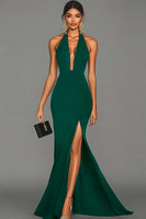 Load image into Gallery viewer, Women Dark Green Satin Long Formal Dress with Slit V-Neck Mermaid Halter Black Tie Dress