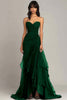 Load image into Gallery viewer, Women Dark Green Chiffon Formal Dress Sheath Sweetheart Tiered Wedding Guest Dress Strapless Ruched Long Black Tie Dress