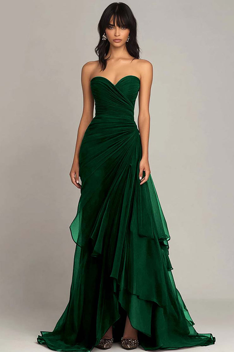 Load image into Gallery viewer, Women Dark Green Chiffon Formal Dress Sheath Sweetheart Tiered Wedding Guest Dress Strapless Ruched Long Black Tie Dress