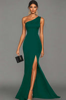 Load image into Gallery viewer, Women Dark Green One Shoulder Long Formal Dress with Slit Satin Mermaid Evening Dress