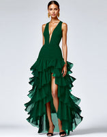 Load image into Gallery viewer, Black A Line Deep V-Neck Tiered Maxi Formal Dress with Slit