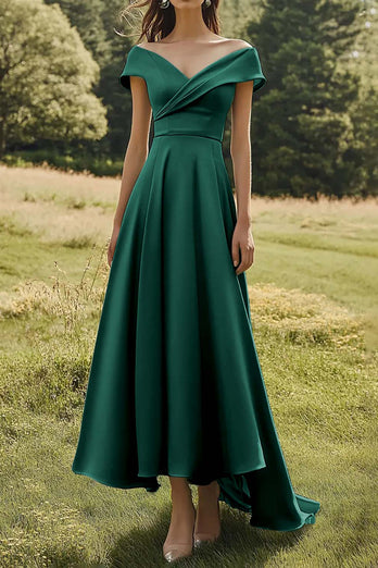Sage Off the Shoulder A Line Satin Long Formal Dress
