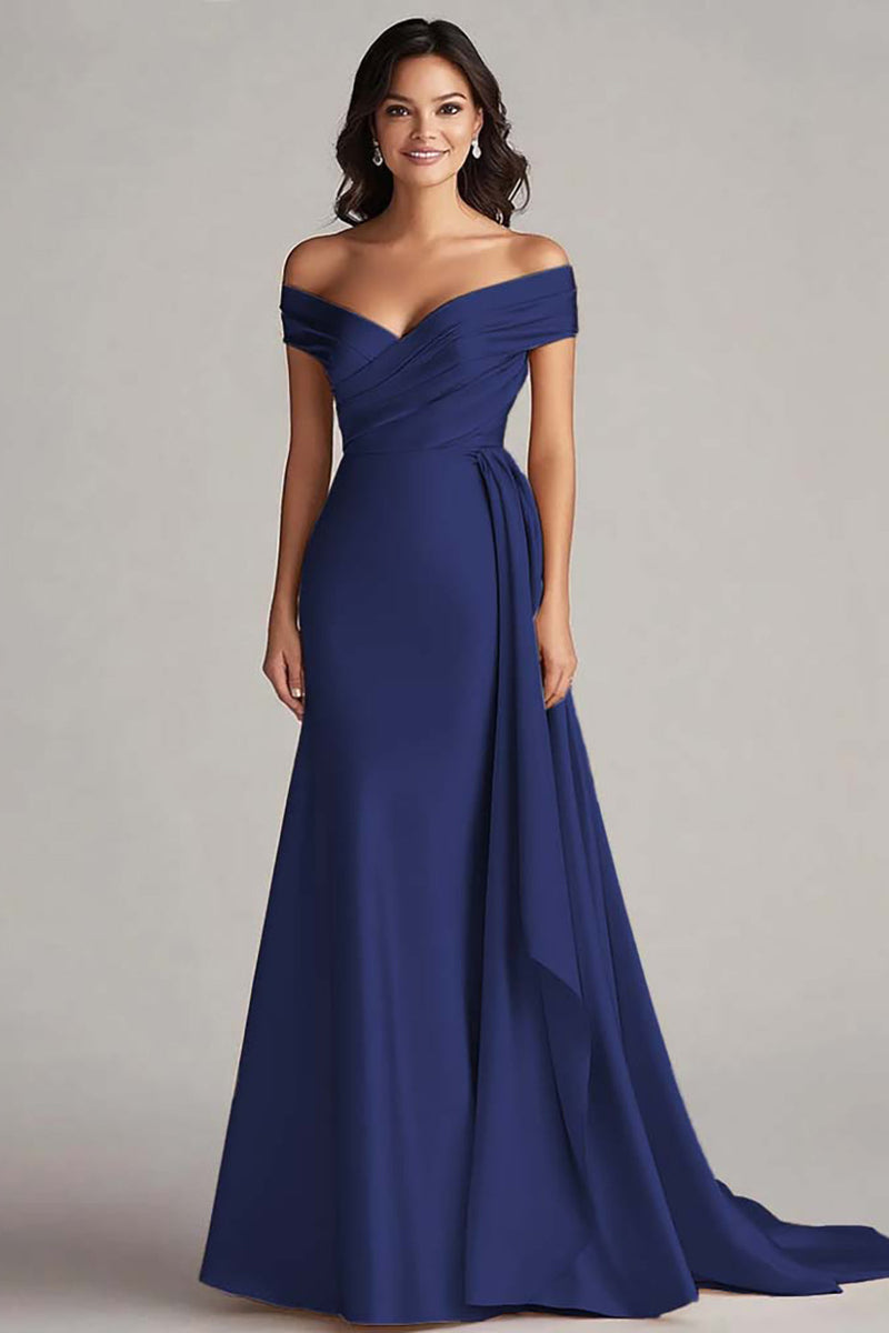 Load image into Gallery viewer, Champagne Off the Shoulder Mermaid Satin Maxi Formal Dress