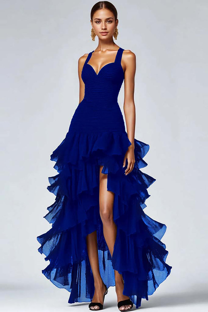 Load image into Gallery viewer, Black Organza Spaghetti Straps Ruffled Long Formal Dress