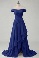 Load image into Gallery viewer, A Line Ruched Off the Shoulder Butter Yellow Ruffled Prom Dress with Slit