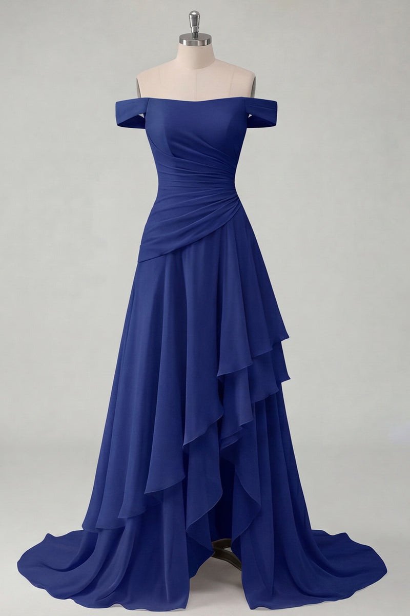 Load image into Gallery viewer, A Line Ruched Off the Shoulder Butter Yellow Ruffled Prom Dress with Slit