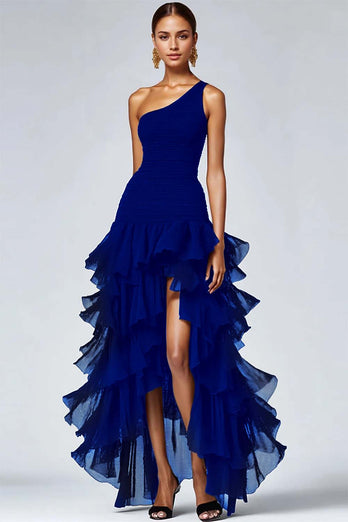 Black Organza One Shoulder High Low Formal Dress with Ruffles