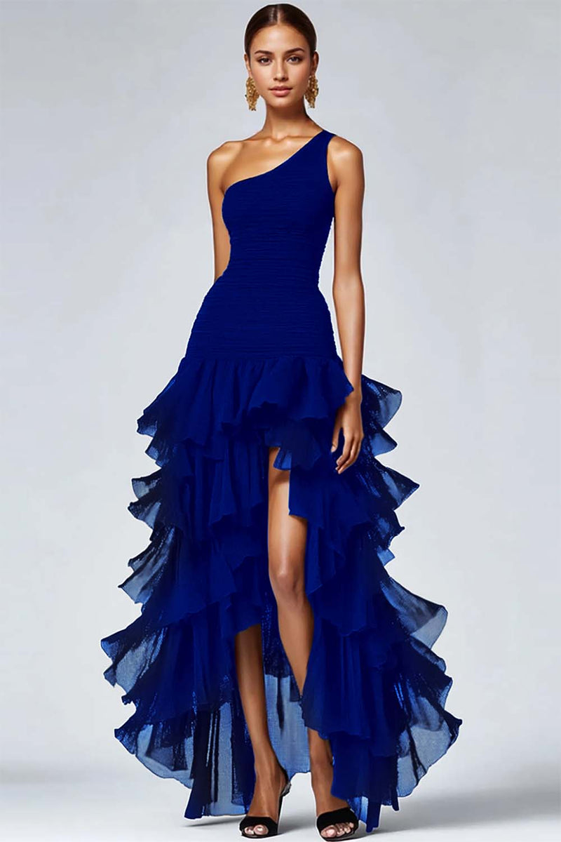 Load image into Gallery viewer, Black Organza One Shoulder High Low Formal Dress with Ruffles