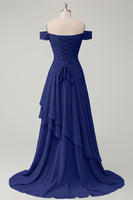 Load image into Gallery viewer, A Line Ruched Off the Shoulder Butter Yellow Ruffled Prom Dress with Slit