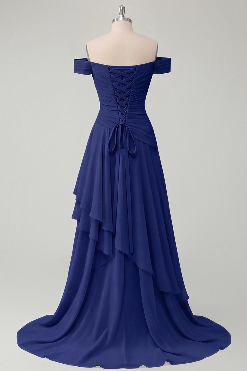 Load image into Gallery viewer, A Line Ruched Off the Shoulder Butter Yellow Ruffled Prom Dress with Slit