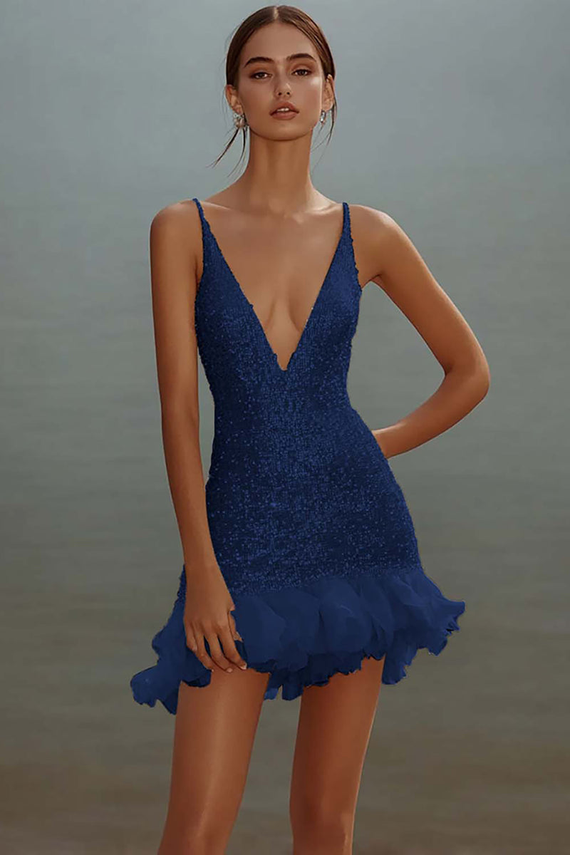 Load image into Gallery viewer, Sparkly White Bodycon Sequins V-Neck Graduation Dress with Ruffles