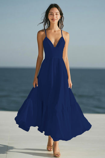 Simple Ivory Spaghetti Straps Ruffled Beach Maxi Engagement Dress