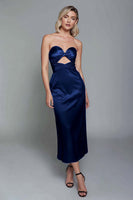 Load image into Gallery viewer, Dusty Blue Sweetheart Cut Out Satin Ankle Length Sheath Formal Dress