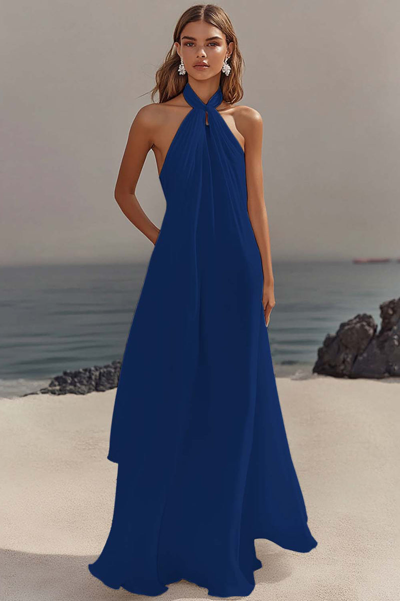 Load image into Gallery viewer, White Chiffon A Line Halter Engagement Dress