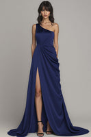 Load image into Gallery viewer, Black One Shoulder A Line Satin Maxi Formal Dress with Slit