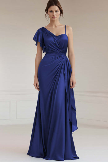 Grey Blue Sheath Satin Asymmetrical Maxi Formal Dress
