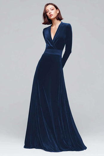 Dark Green A Line V-Neck Velvet Long Sleeves Holiday Party Dress