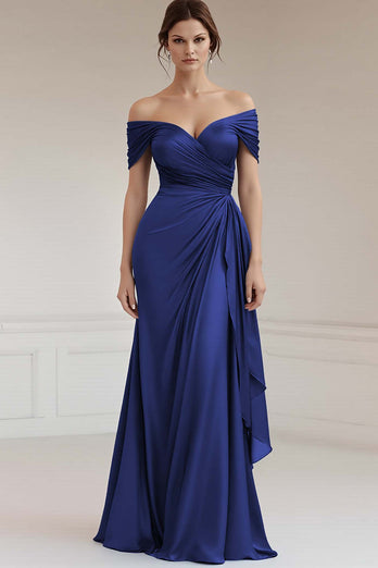Grey Blue Off the Shoulder Sheath Satin Maxi Formal Dress