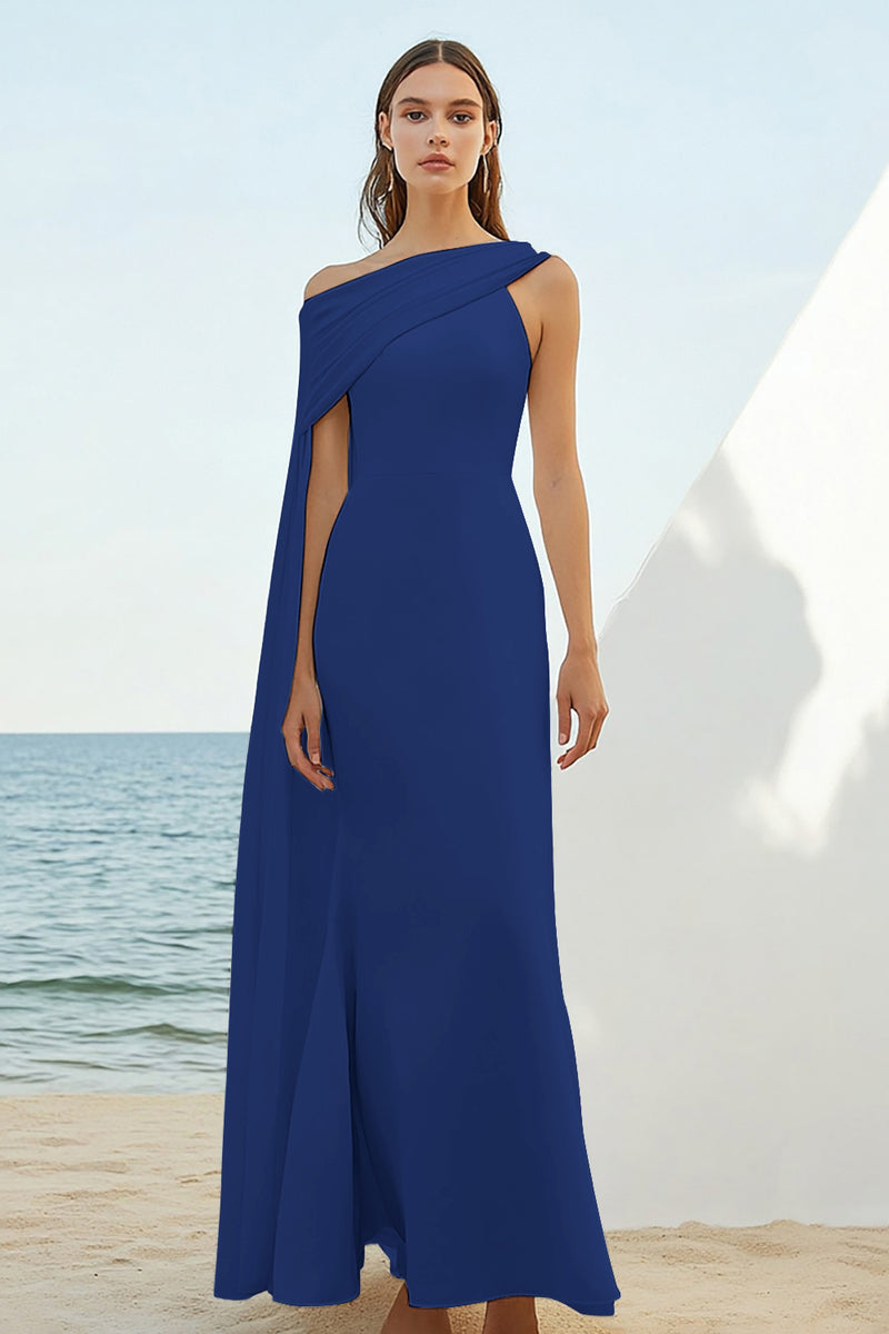 Load image into Gallery viewer, White Chiffon Sheath Long Engagement Dress with Cape