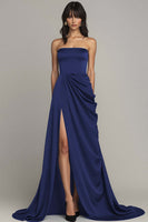 Load image into Gallery viewer, Black Strapless Satin A Line Maxi Formal Dress with Slit