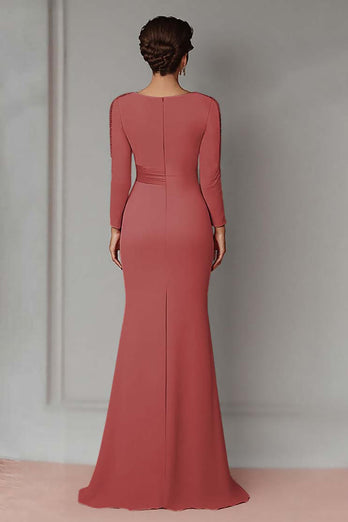 Elegant Blush Satin Sheath Mother of the Bride Dress with Long Sleeves