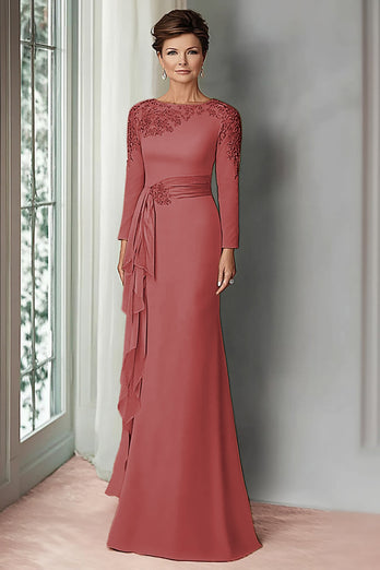 Elegant Blush Satin Sheath Mother of the Bride Dress with Long Sleeves