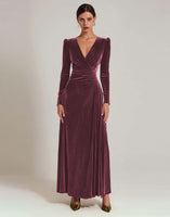 Load image into Gallery viewer, Olive A Line V-Neck Velvet Long Holiday Party Dress with Sleeves