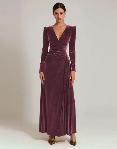 Olive A Line V-Neck Velvet Long Holiday Party Dress with Sleeves
