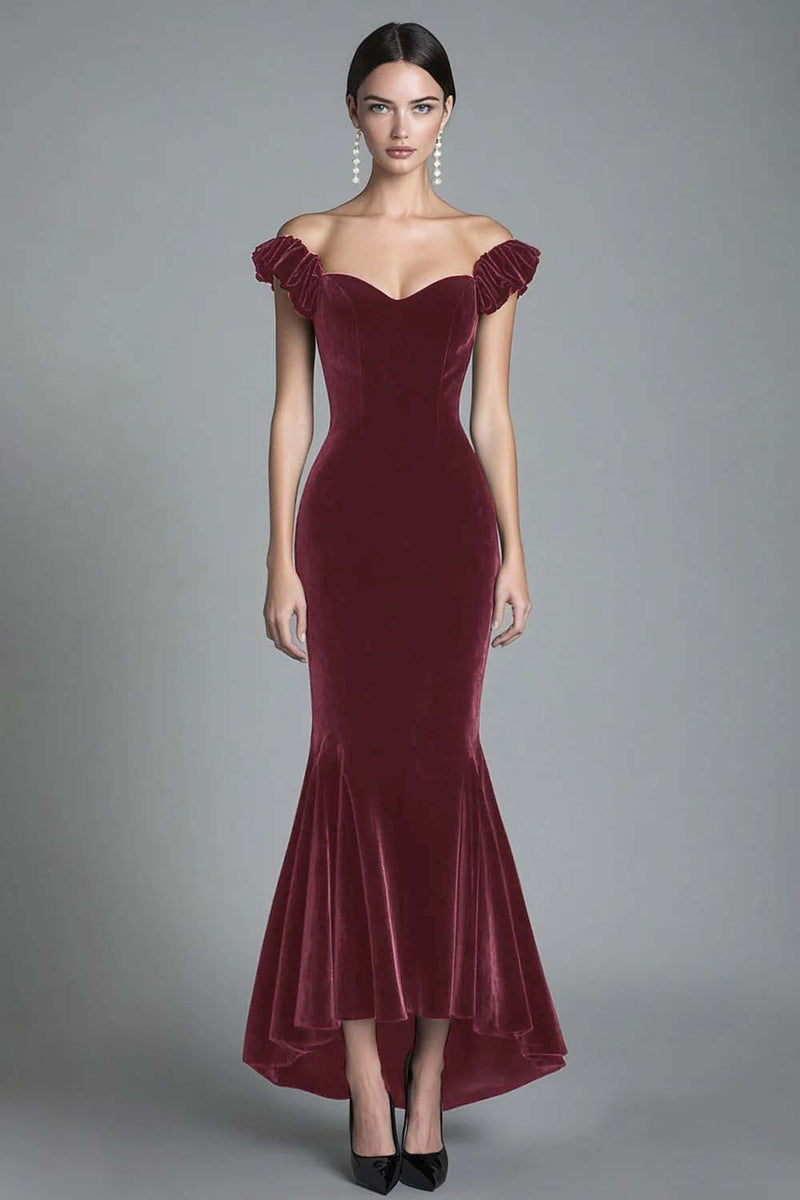 Load image into Gallery viewer, Black Off the Shoulder Asymmetrical Velvet Long Formal Dress