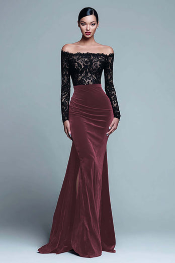 Black and Burgundy Velvet Mermaid Long Sleeves Holiday Party Dress with Lace