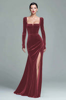 Load image into Gallery viewer, Dark Green Square Neck Velvet Long Holiday Party Dress with Slit
