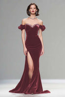 Load image into Gallery viewer, Sparkly Burgundy Mermaid Velvet Long Holiday Party Dress with Beading