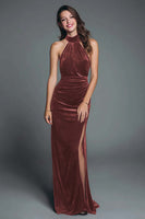 Load image into Gallery viewer, Burgundy Mermaid Halter Velvet Ruched Long Holiday Party Dress with Slit