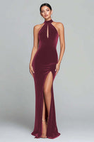Load image into Gallery viewer, Burgundy Velvet Halter Keyhole Mermaid Maxi Holiday Party Dress with Slit