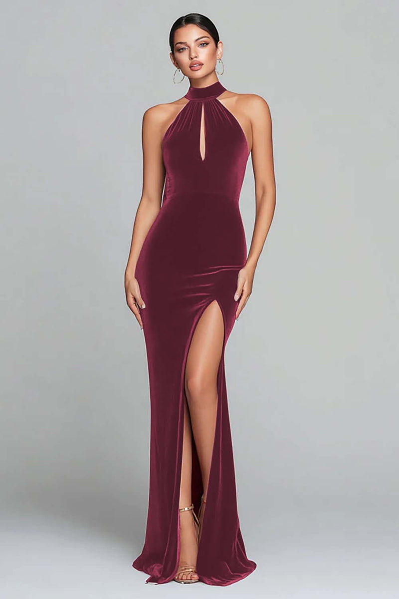 Load image into Gallery viewer, Burgundy Velvet Halter Keyhole Mermaid Maxi Holiday Party Dress with Slit