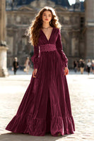 Load image into Gallery viewer, Brown A Line Maxi Velvet Holiday Party Dress with Sleeves