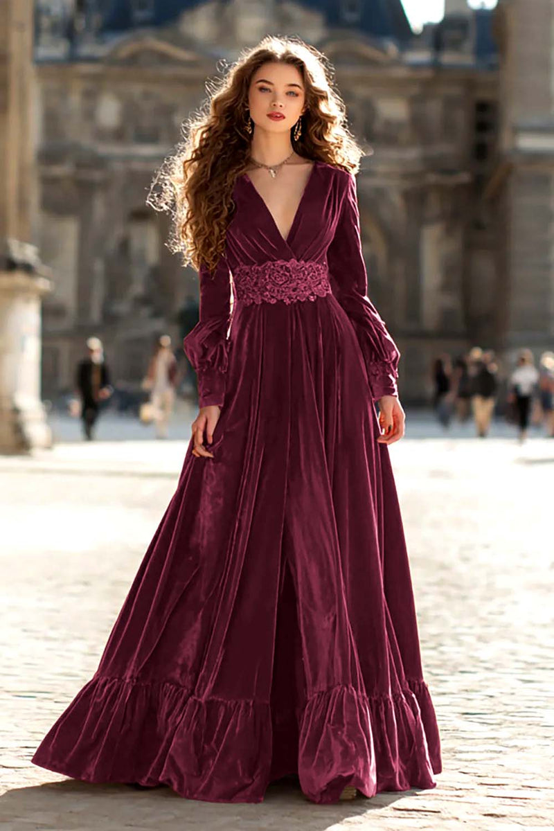 Load image into Gallery viewer, Brown A Line Maxi Velvet Holiday Party Dress with Sleeves