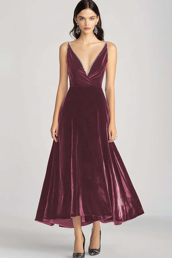 Burgundy Velvet V-Neck A Line Long Formal Dress