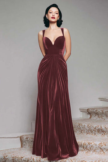 Burgundy Mermaid Velvet Thick Straps Ruched Long Holiday Party Dress