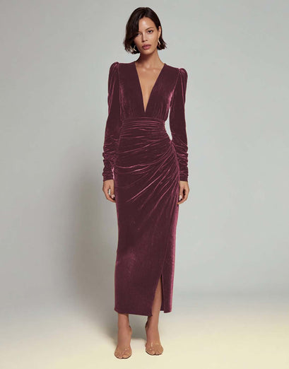 Olive Sheath Deep V-Neck Velvet Long Holiday Party Dress with Sleeves
